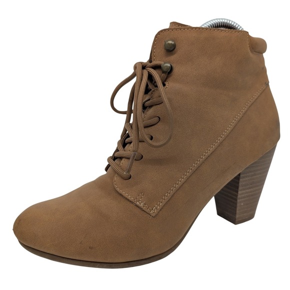 Andiamo Shoes - Andiamo Women's Tan Lace Up Chunky Heel Ankle Boots Size 8M